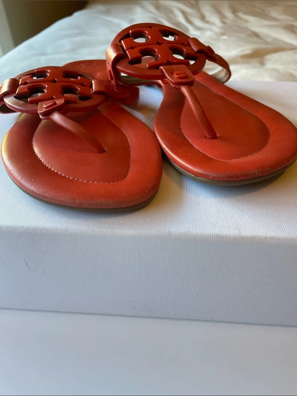 Tory Burch Women's Leather Miller Thong Sandals in Orange Coral Metal Logo